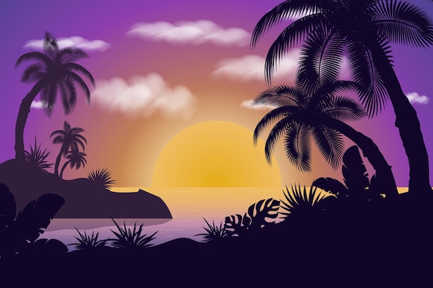 Ilustración de vector premium paisaje brillante nubes de sol palmera silueta de bosque tropical