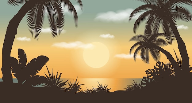 Ilustración de vector premium Paisaje brillante nubes de sol Palmera Silueta de bosque tropical