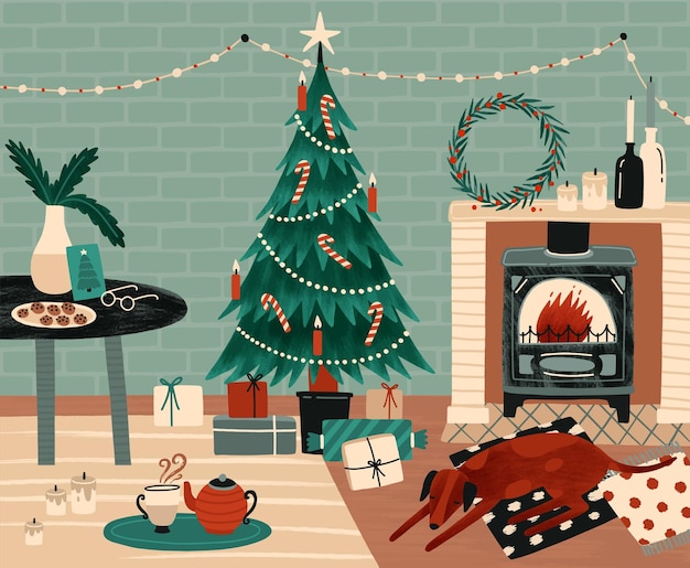 Ilustración de vector de preparación de celebración de año nuevo. Ambiente festivo navideño. Comodidad del hogar, celebración de Navidad. Árbol de Navidad decorado y chimenea en la habitación. Atributos de vacaciones de invierno.