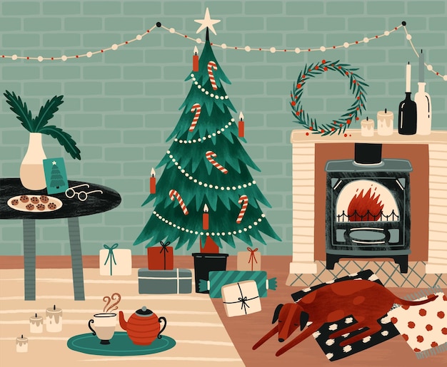 Vector ilustración de vector de preparación de celebración de año nuevo. ambiente festivo navideño. comodidad del hogar, celebración de navidad. árbol de navidad decorado y chimenea en la habitación. atributos de vacaciones de invierno.