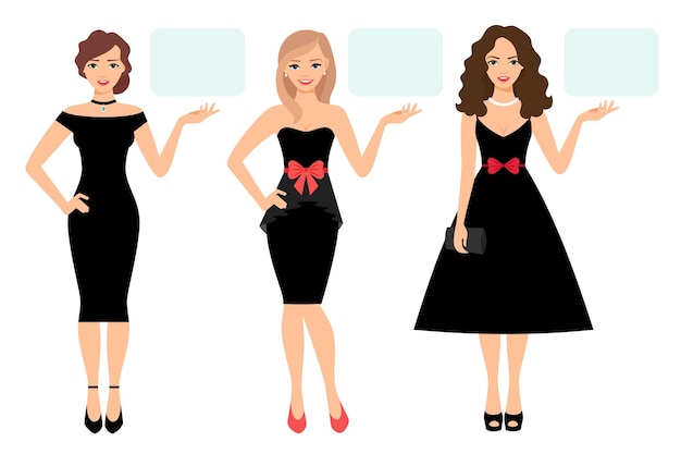 Vector ilustración de vector de presentación de mujeres de belleza. mujeres con estilo en un elegante vestido negro muestran o presentan un producto aislado sobre fondo blanco.