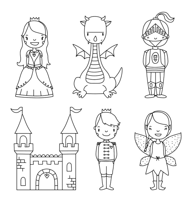 Vector ilustración de vector de princesa, dragón, caballero, castillo, príncipe y hada de cuento de hadas