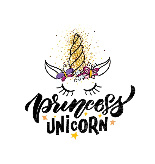 Ilustración de vector de princesa unicornio bosquejado a mano con letras tipografía citas motivacionales