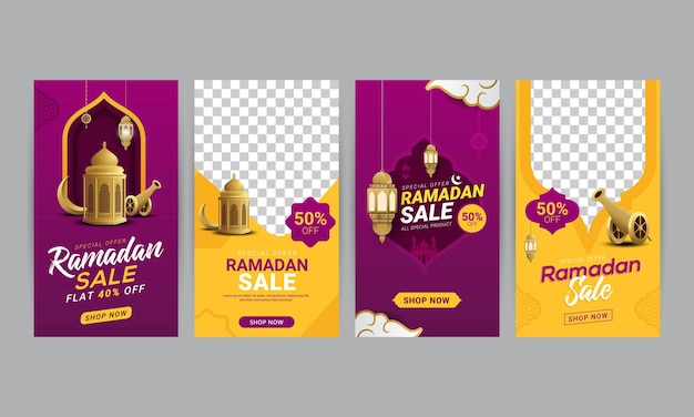 Ilustración de vector de promoción de descuento de banner de historias de redes sociales de venta de ramadán