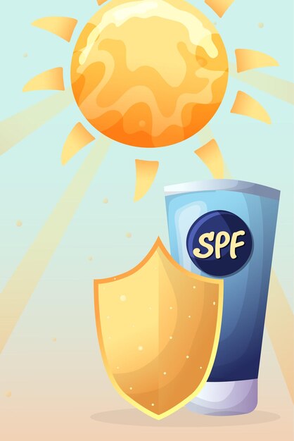 Vector ilustración de vector de protección solar de crema spf contra los rayos del sol contra un fondo de cielo azul