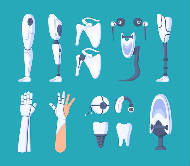 Ilustración de vector de prótesis biónicas. Aislado en un fondo azul prótesis de pierna, brazo, clavícula, dientes, audífonos, globo ocular y otras partes del cuerpo.