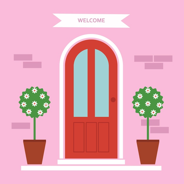 Ilustración de vector de puerta delantera de casa con flores