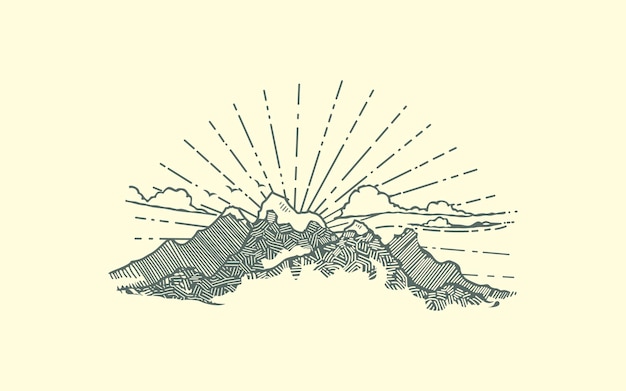 Ilustración de vector de puesta de sol de paisaje de bosque de montaña