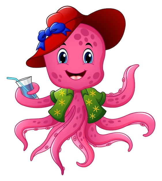 Ilustración de vector de pulpo de dibujos animados en el sombrero de verano