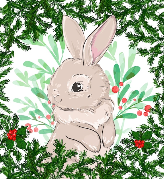 Vector ilustración de vector de ramas de árbol de navidad y conejo