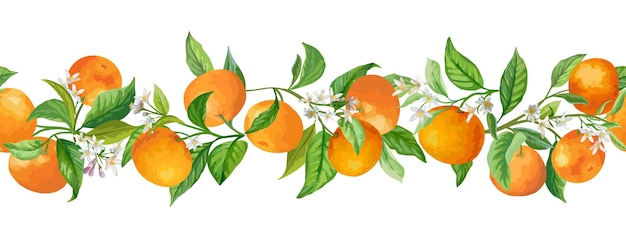 Vector ilustración de vector de ramas de guirnalda de mandarina. vintage frutas, flores y hojas verdes dibujadas a mano en estilo acuarela para diseño, fondo, cubierta floral, invitación de boda, fiesta de cumpleaños