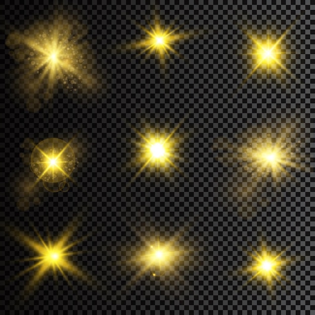 Ilustración de vector de rayos de luz de llamarada abstracta Un conjunto de estrellas de luz y resplandor