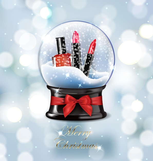 Ilustración de vector realista bola de nieve de navidad hermosa con elementos de maquillaje lápiz labial rojo
