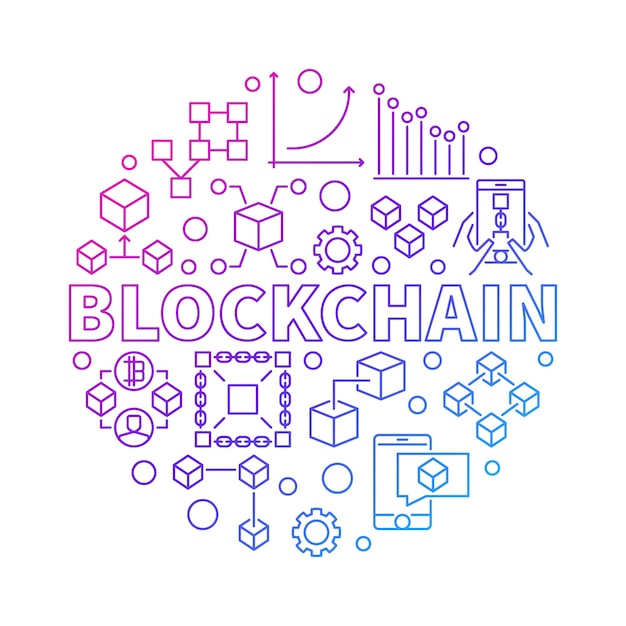 Ilustración de vector redondo de línea colorida de tecnología blockchain