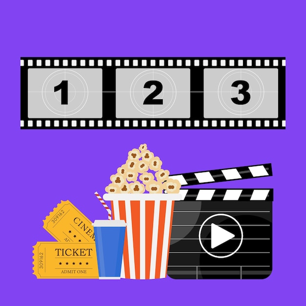 Ilustración de vector con refresco de palomitas de maíz y entradas de cine