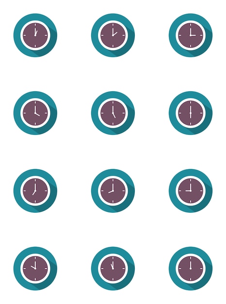 Ilustración de vector de reloj establecido 24 horas con larga sombra en estilo plano en azul y purpl