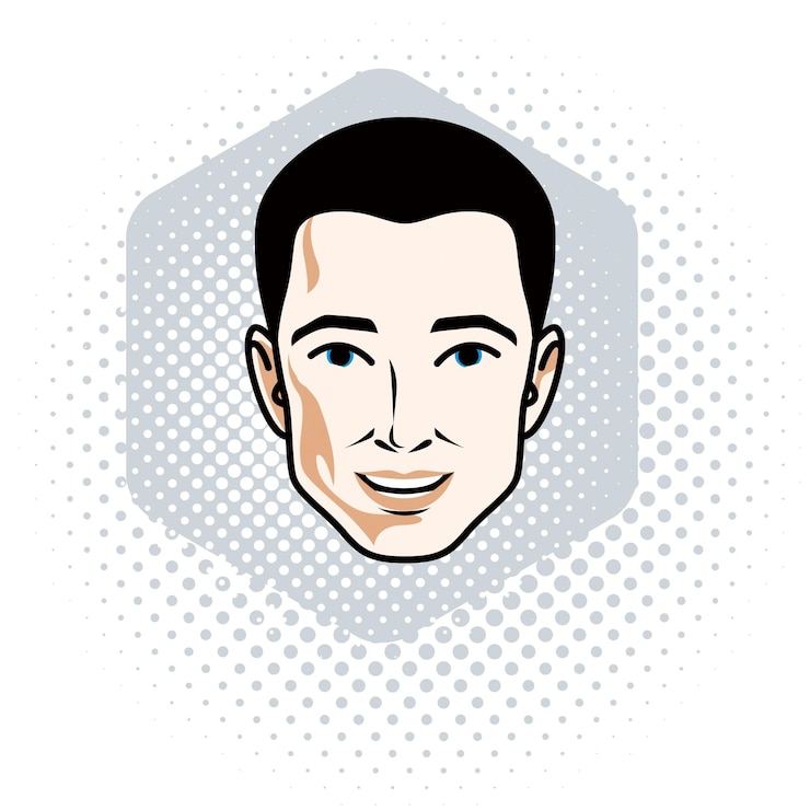 Vector ilustración de vector de rostro masculino brunet guapo, rasgos faciales positivos, clipart.