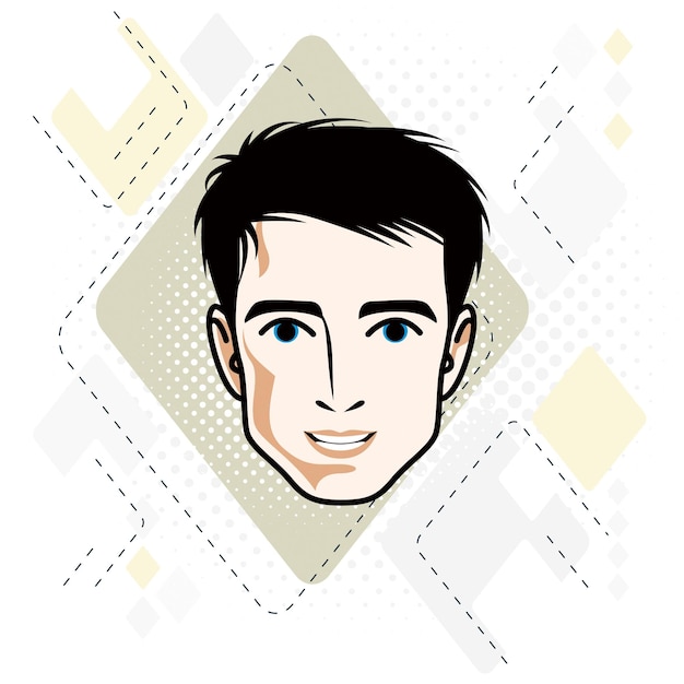 Ilustración de vector de rostro masculino brunet guapo, rasgos faciales positivos, clipart.