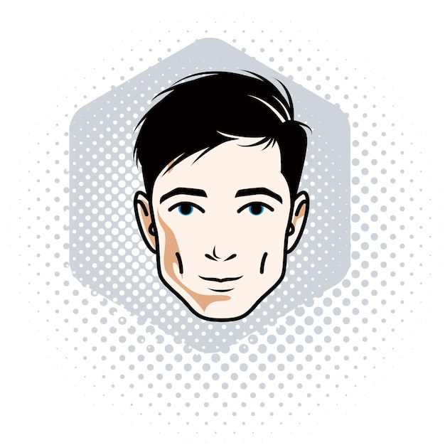 Ilustración de vector de rostro masculino brunet guapo, rasgos faciales positivos, clipart.