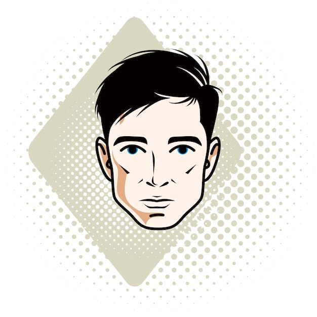 Ilustración de vector de rostro masculino brunet guapo, rasgos faciales positivos, clipart.