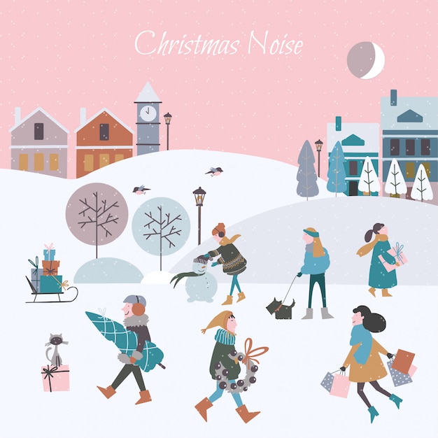 Ilustración de vector de ruido de navidad en la ciudad. gente de navidad