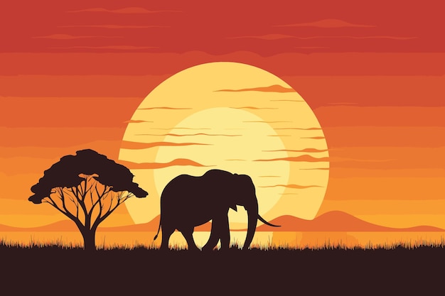 Ilustración de vector de safari nocturno en la selva con hermosos colores de puesta de sol en el fondo y una silueta de elefante en la ilustración de vector de primer plano