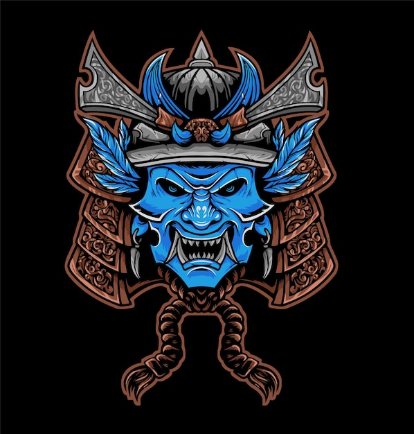 Ilustración de vector de samurai indios Samurai azul cara enojada