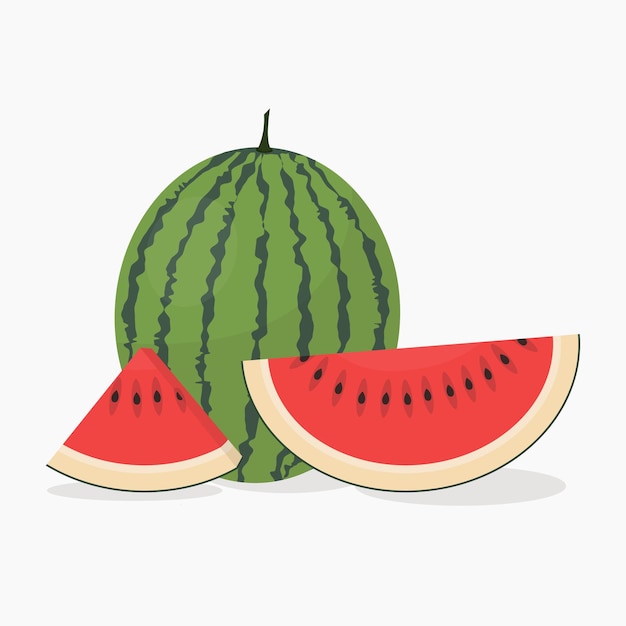 Ilustración de vector de sandía entera y rebanada, fruta de sandía fresca