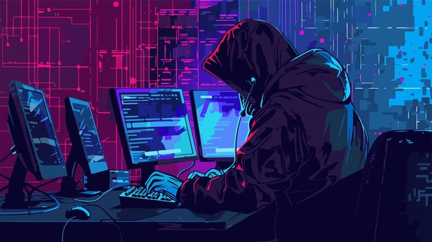 Ilustración del vector de seguridad cibernética y hacker con computadora