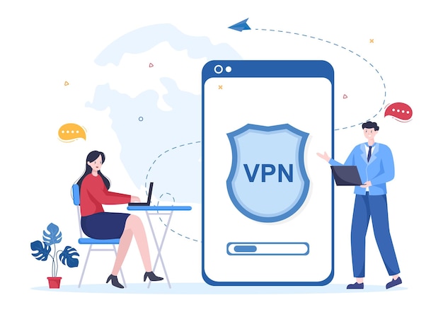 Ilustración de vector de servicio de red privada virtual o vpn para proteger datos en teléfonos inteligentes o computadoras