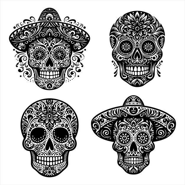 Ilustración de un vector de silueta de cráneo ornamental mexicano con fondo blanco