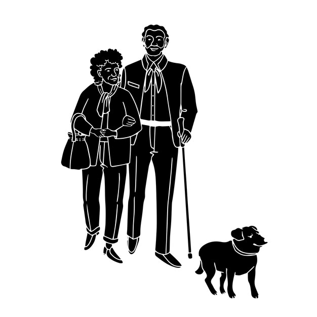 Vector ilustración de vector de silueta negra ancianos caminando con perro, aislado sobre fondo blanco