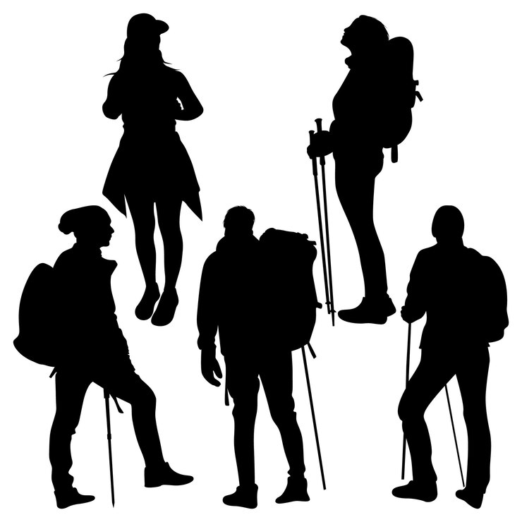 Ilustración de Vector de siluetas de senderismo o excursionista de montaña