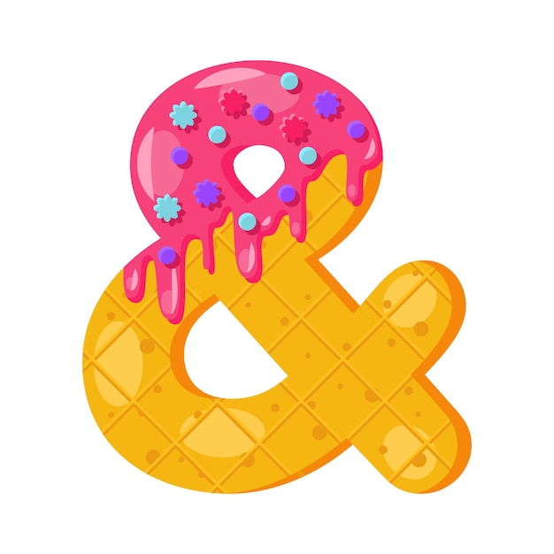 Ilustración de vector de símbolo de ampersand de dibujos animados de donut. estilo de fuente de galleta. signo de matemáticas en negrita vidriado con glaseado. tipografía tentadora de diseño plano. galletas, signo de gofres. pastelería, panadería clipart aislado