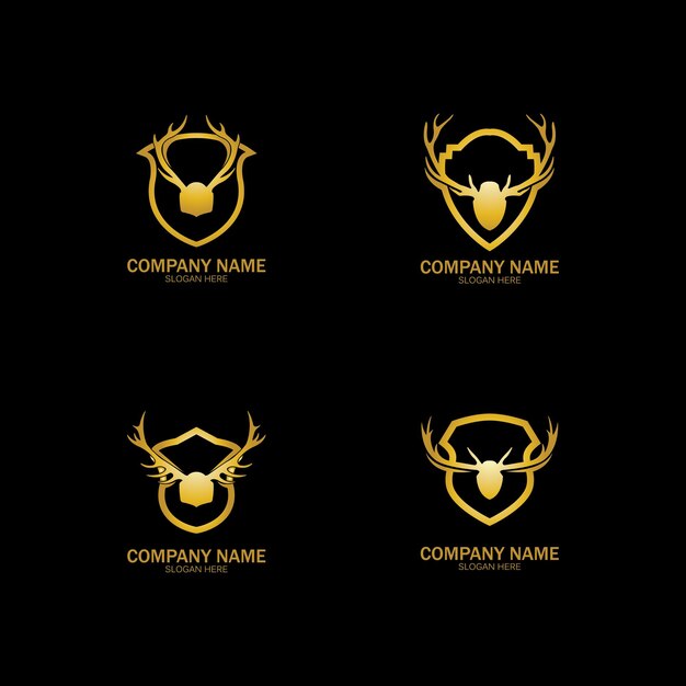 Ilustración de vector de símbolo de diseño de logotipo de escudo dorado de ciervo creativo.