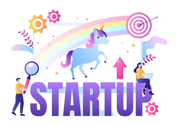 Ilustración de vector de símbolo de inicio de negocio de unicornio. empresario de proceso de desarrollo, producto de innovación e idea creativa ve la meta para tener éxito