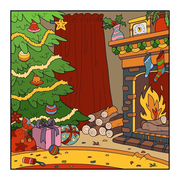 Ilustración de vector sobre navidad, fondo colorido con árbol de navidad y chimenea