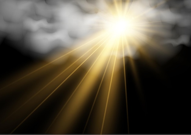Ilustración de vector del sol brillando a través de las nubes Luz del sol Vector nublado