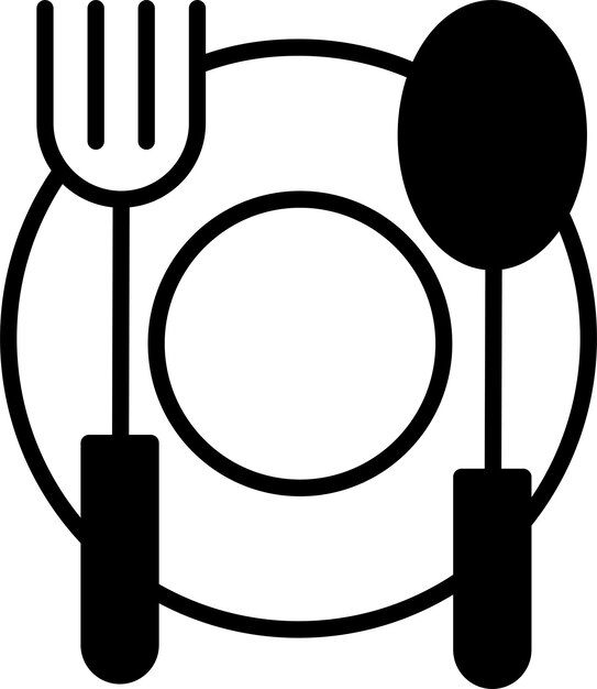 Ilustración del vector sólido y glifo de la cuchara y el tenedor de placa