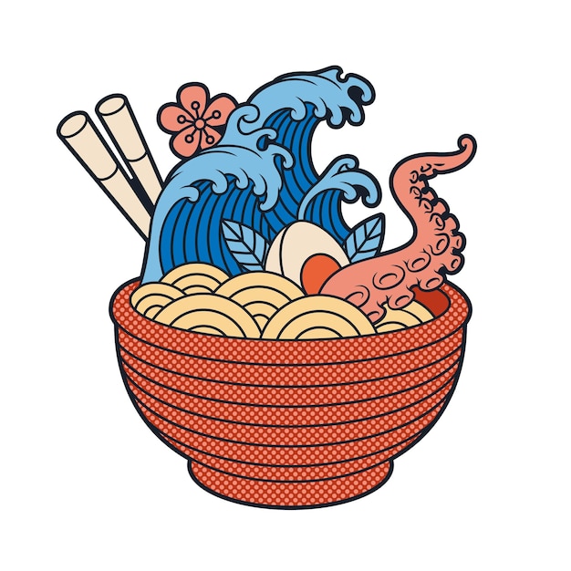 Ilustración de vector de sopa de ramen japonés en estilo de dibujos animados