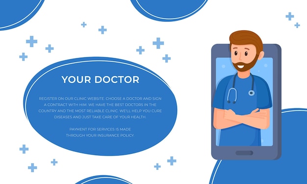 Ilustración de vector de su concepto de médicos médico de familia pediatra en un anuncio de hospital