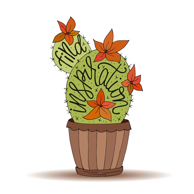 Ilustración de vector de suculentas de cactus con cita de letras dibujadas a mano