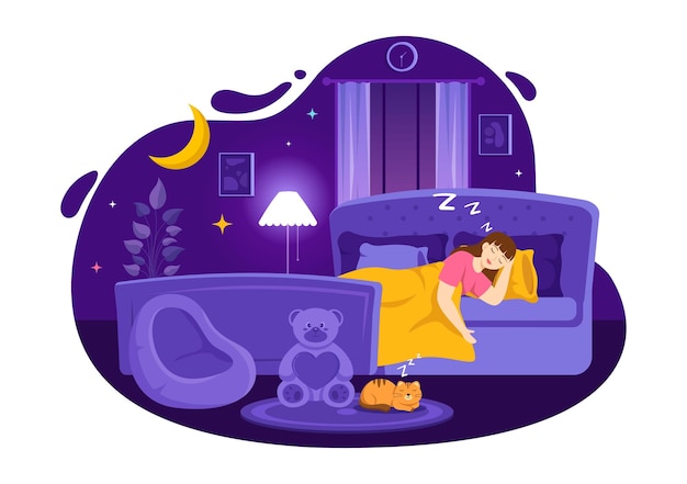 La ilustración del vector del sueño con una persona joven feliz está profundamente dormida y tiene un dulce sueño