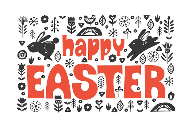 Ilustración de vector de tarjeta de felicitación de pascua feliz imagen en blanco y negro con una inscripción dibujada a mano de saludo brillante conejos y flores de primavera composición de pascua en estilo popular