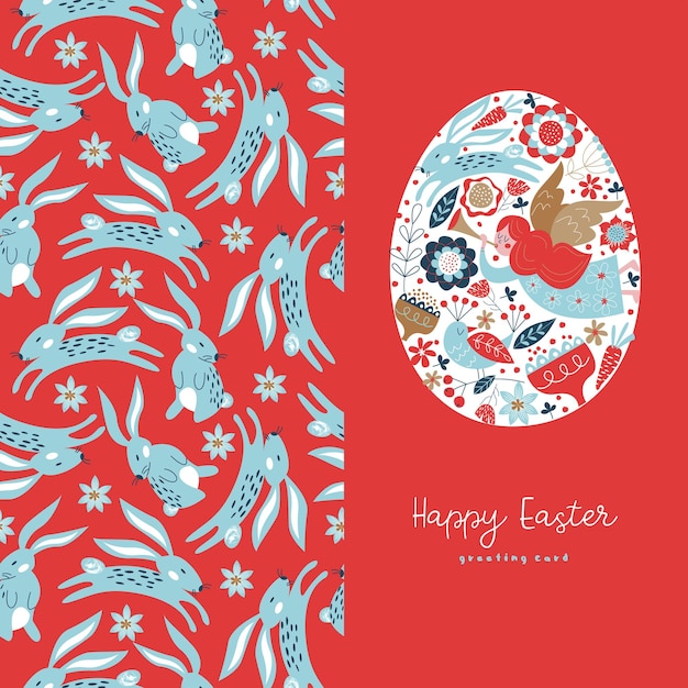 Ilustración de vector de tarjeta de felicitación de primavera de Pascua con huevo de Pascua y conejos