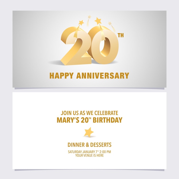 Ilustración de vector de tarjeta de invitación de aniversario de 20 años elemento de plantilla de diseño con elegantes letras 3D para invitación de fiesta de cumpleaños número 20