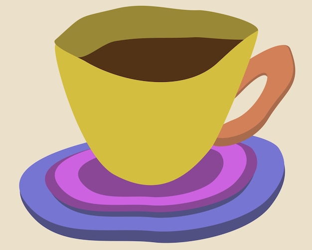 Ilustración de vector de taza amarilla con platillo lila. aislado sobre fondo beige claro.