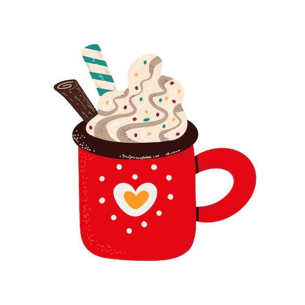 Ilustración de vector de taza roja con delicioso chocolate caliente con crema batida servido con canela stic ...