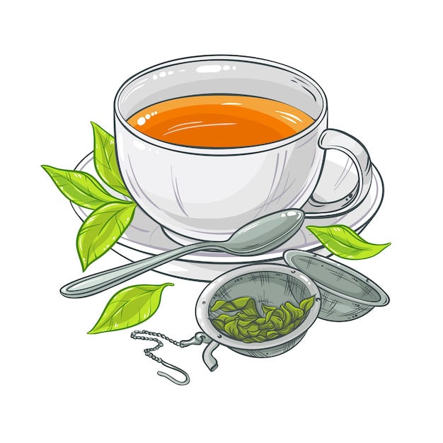 Vector ilustración de vector con taza de té, cuchara de té y colador de té sobre fondo de color