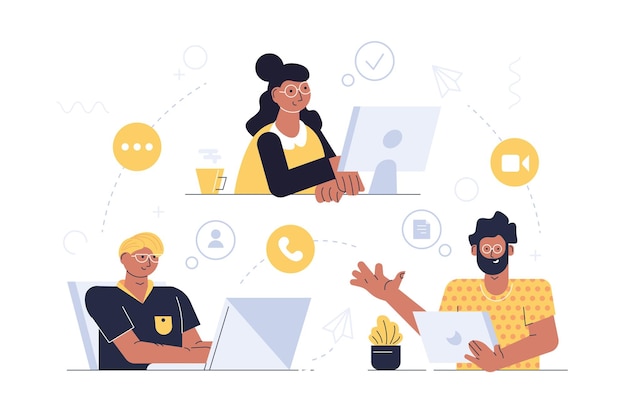 Ilustración de vector de tecnología de comunicación moderna Mensajes de personas hablando y videollamadas a través de aplicaciones de Internet en tableta portátil y diseño de estilo plano de computadora Concepto de red global